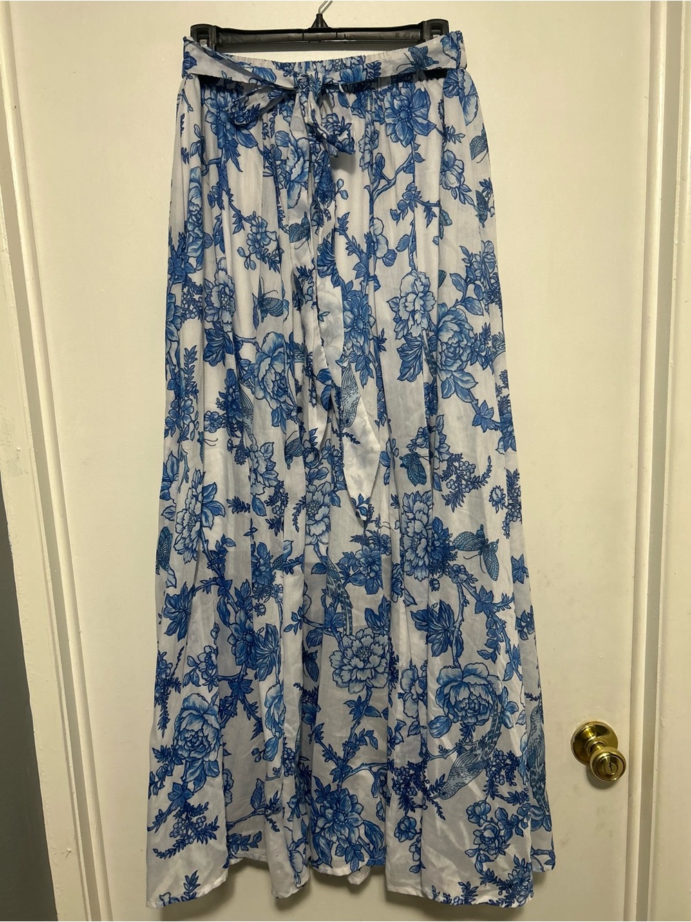 Blue Floral Maxi Skirt - Women's Elastic Waist Full-Length Skirt